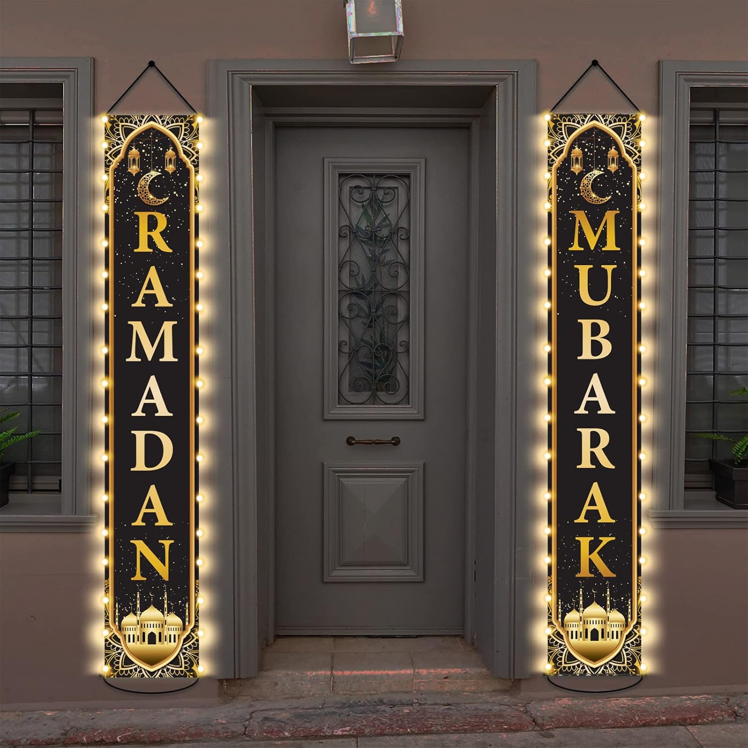 ZOIIWA Eid Mubarak Front Door Banners Lighted Decorations Ramadan Porch Sign with LED Light Black Gold Moon Lantern Door Sign Hanging Banner for Ramadan Eid Mubarak Party Outside Lighted Decor