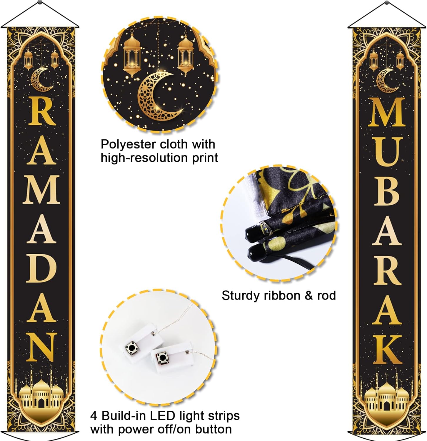 ZOIIWA Eid Mubarak Front Door Banners Lighted Decorations Ramadan Porch Sign with LED Light Black Gold Moon Lantern Door Sign Hanging Banner for Ramadan Eid Mubarak Party Outside Lighted Decor