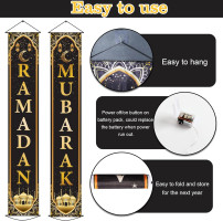 ZOIIWA Eid Mubarak Front Door Banners Lighted Decorations Ramadan Porch Sign with LED Light Black Gold Moon Lantern Door Sign Hanging Banner for Ramadan Eid Mubarak Party Outside Lighted Decor