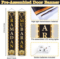 ZOIIWA Eid Mubarak Front Door Banners Lighted Decorations Ramadan Porch Sign with LED Light Black Gold Moon Lantern Door Sign Hanging Banner for Ramadan Eid Mubarak Party Outside Lighted Decor