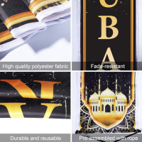 ZOIIWA Eid Mubarak Front Door Banners Lighted Decorations Ramadan Porch Sign with LED Light Black Gold Moon Lantern Door Sign Hanging Banner for Ramadan Eid Mubarak Party Outside Lighted Decor