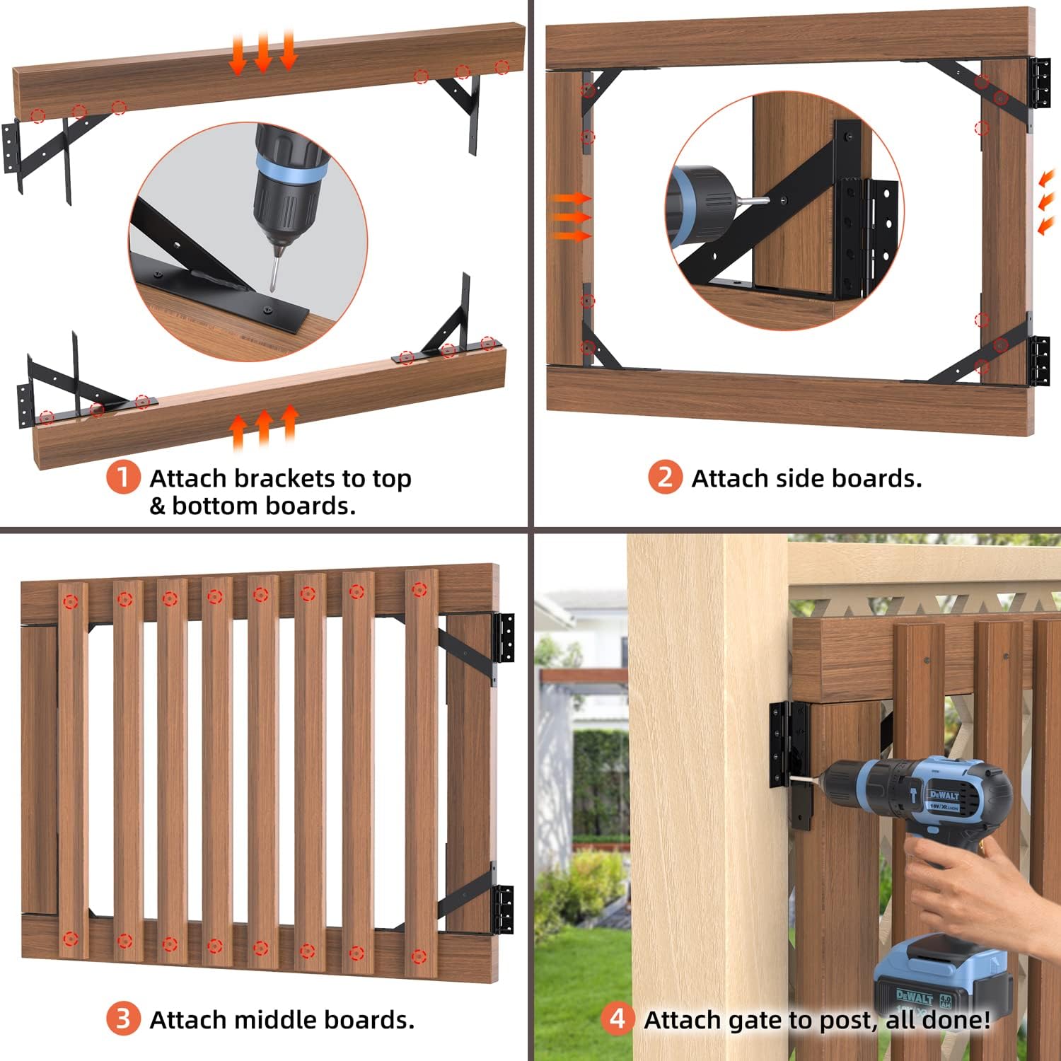 Gate Corner Brace Bracket Gate Kit for Wooden Fence Gate Hinges No Sag Frame Kit for Shed Doors, Driveway Gates, Corral Gates, Wood Windows (Black)