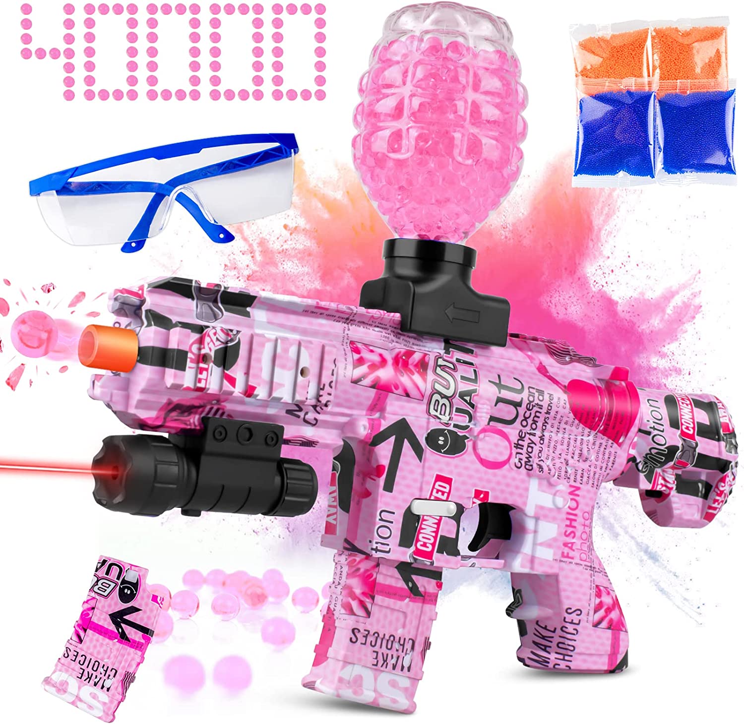 Gel Splatter Blaster for Orbeez M416 with Goggles and 40,000+ Gel Beads Suitable for Backyard Fun and Outdoor Team Shooting Games, Over 12+, Pink