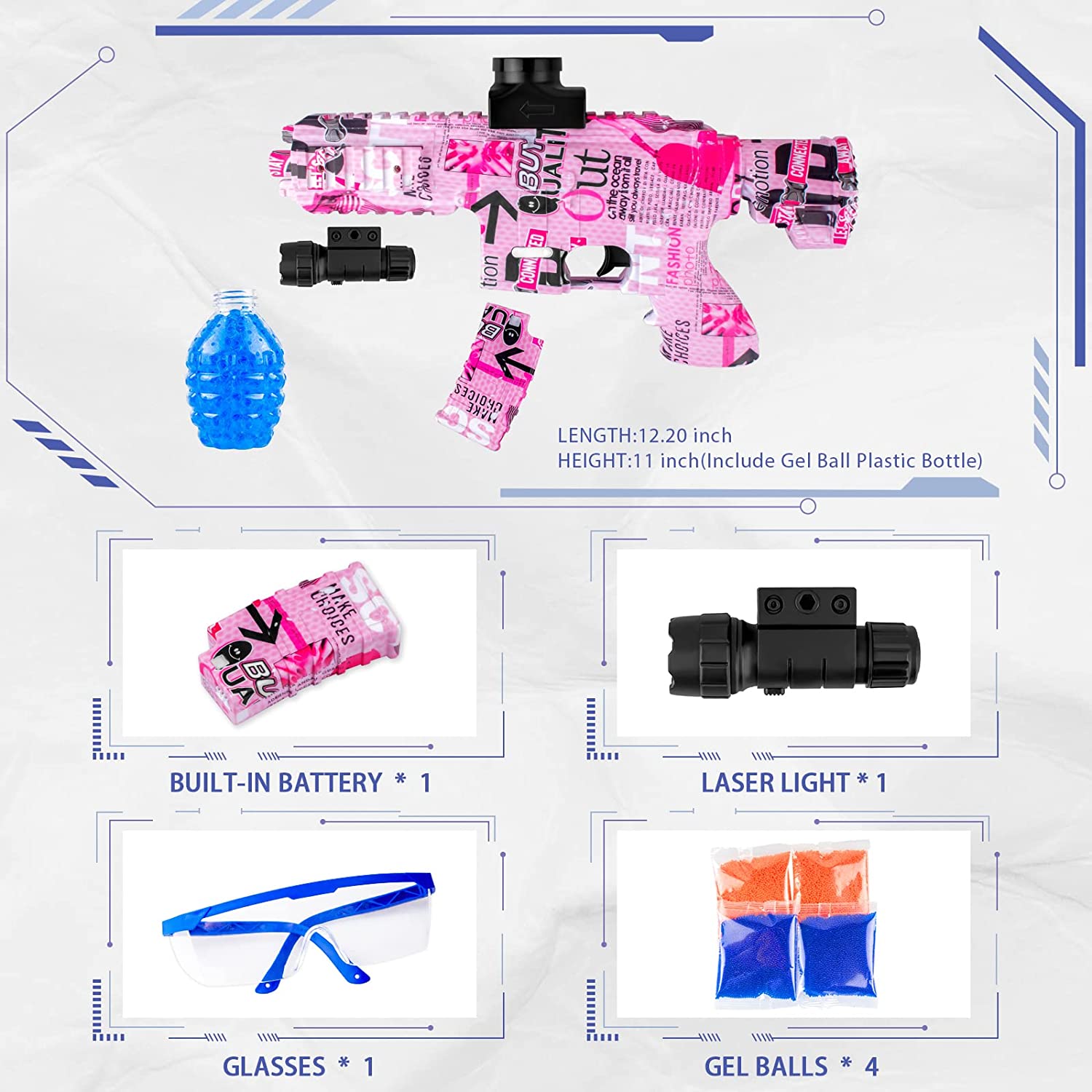 Gel Splatter Blaster for Orbeez M416 with Goggles and 40,000+ Gel Beads Suitable for Backyard Fun and Outdoor Team Shooting Games, Over 12+, Pink