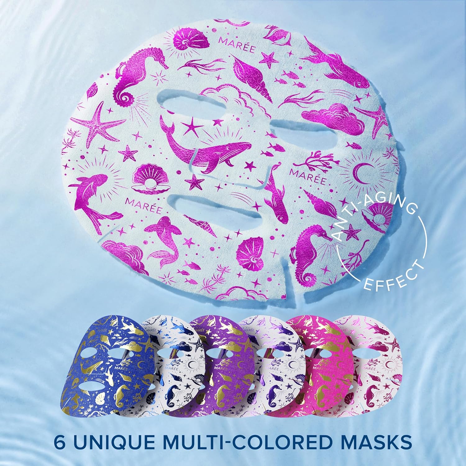 MAREE Collagen Facial Mask with Hyaluronic Acid — Sheet Face Mask Skincare — Centella Asiatica, Green & Red Algae Extract — Hydrating Facemask For Women Skin Care — Mascarillas Para La Cara — 6 Count 6 Count (Pack of 1) Multicolor