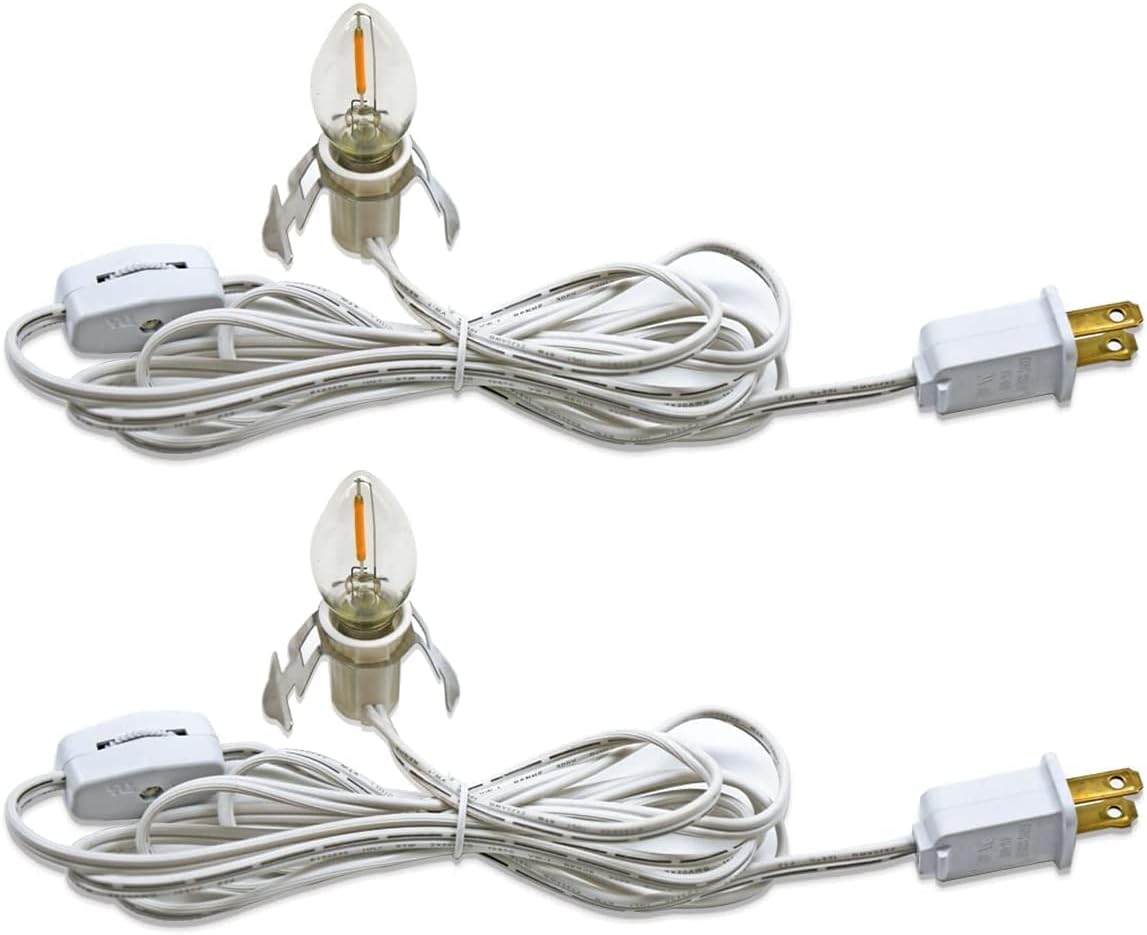 KGC C7 Accessory Cord with 2 C7 Led Light Bulb Candelabra-Base E12 Socket, White Cord with On/Off Switch Plugs for Holiday Decorations, Christmas Village House, Pumpkin Lights C7 +Accessory-cord 2p