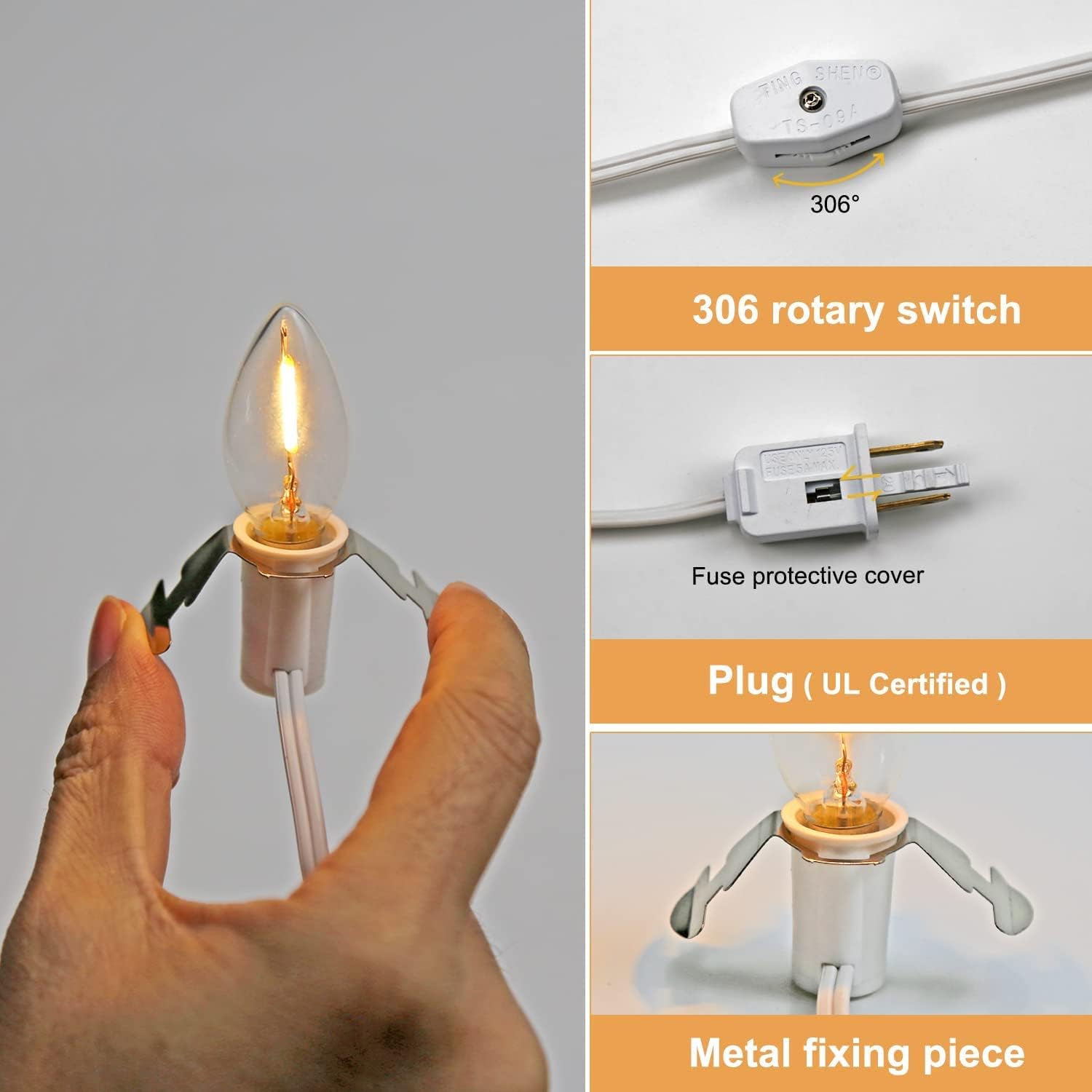 KGC C7 Accessory Cord with 2 C7 Led Light Bulb Candelabra-Base E12 Socket, White Cord with On/Off Switch Plugs for Holiday Decorations, Christmas Village House, Pumpkin Lights C7 +Accessory-cord 2p
