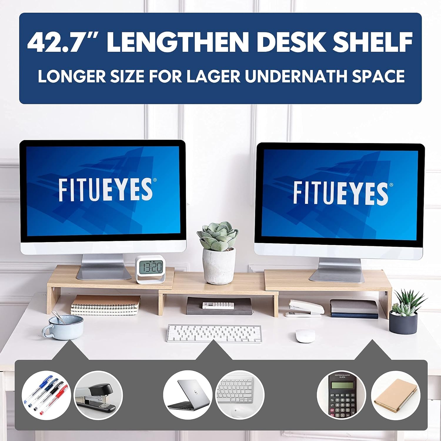 FITUEYES Dual Monitor Stand – 3 Shelf Computer Monitor Riser, Wood Desktop Stand with Adjustable Length and Angle, Desk Accessories, Office Supplies Medium Oak, DT108006WO