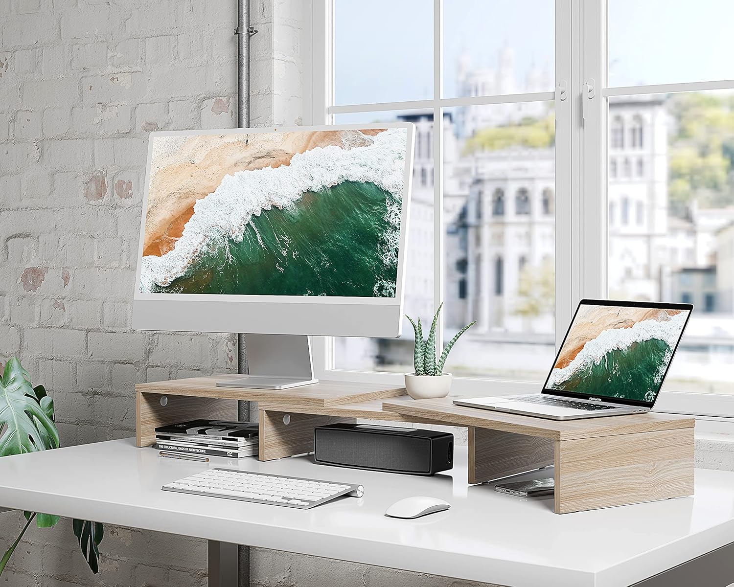 FITUEYES Dual Monitor Stand – 3 Shelf Computer Monitor Riser, Wood Desktop Stand with Adjustable Length and Angle, Desk Accessories, Office Supplies Medium Oak, DT108006WO