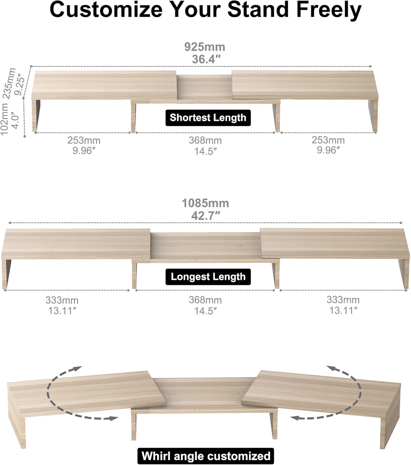FITUEYES Dual Monitor Stand – 3 Shelf Computer Monitor Riser, Wood Desktop Stand with Adjustable Length and Angle, Desk Accessories, Office Supplies Medium Oak, DT108006WO