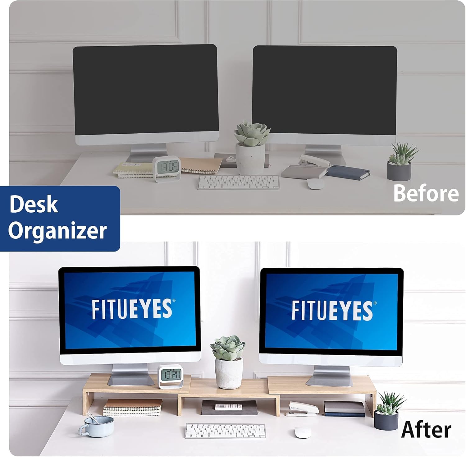 FITUEYES Dual Monitor Stand – 3 Shelf Computer Monitor Riser, Wood Desktop Stand with Adjustable Length and Angle, Desk Accessories, Office Supplies Medium Oak, DT108006WO