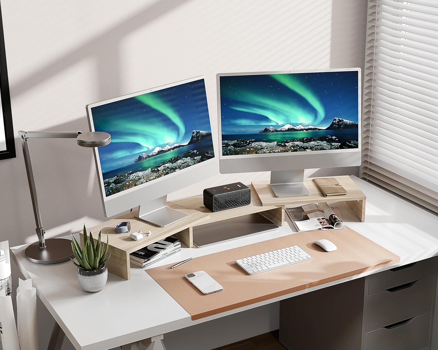 FITUEYES Dual Monitor Stand – 3 Shelf Computer Monitor Riser, Wood Desktop Stand with Adjustable Length and Angle, Desk Accessories, Office Supplies Medium Oak, DT108006WO