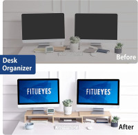 FITUEYES Dual Monitor Stand – 3 Shelf Computer Monitor Riser, Wood Desktop Stand with Adjustable Length and Angle, Desk Accessories, Office Supplies Medium Oak, DT108006WO
