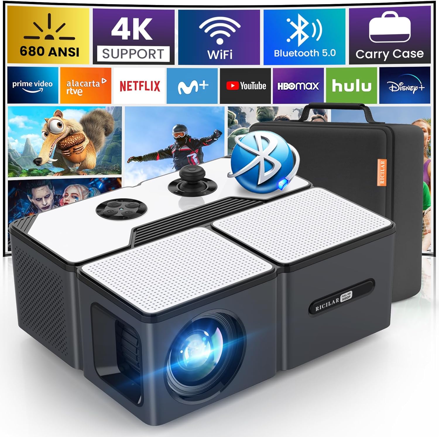Projector with WiFi and Bluetooth, 5G Mini 1080P/ 4K Support Outdoor Movie Projector, 680 ANSI Ricilar Portable Home Theater Video Projector Compatible with Phone/ TV Stick/ USB (Screen not Included)