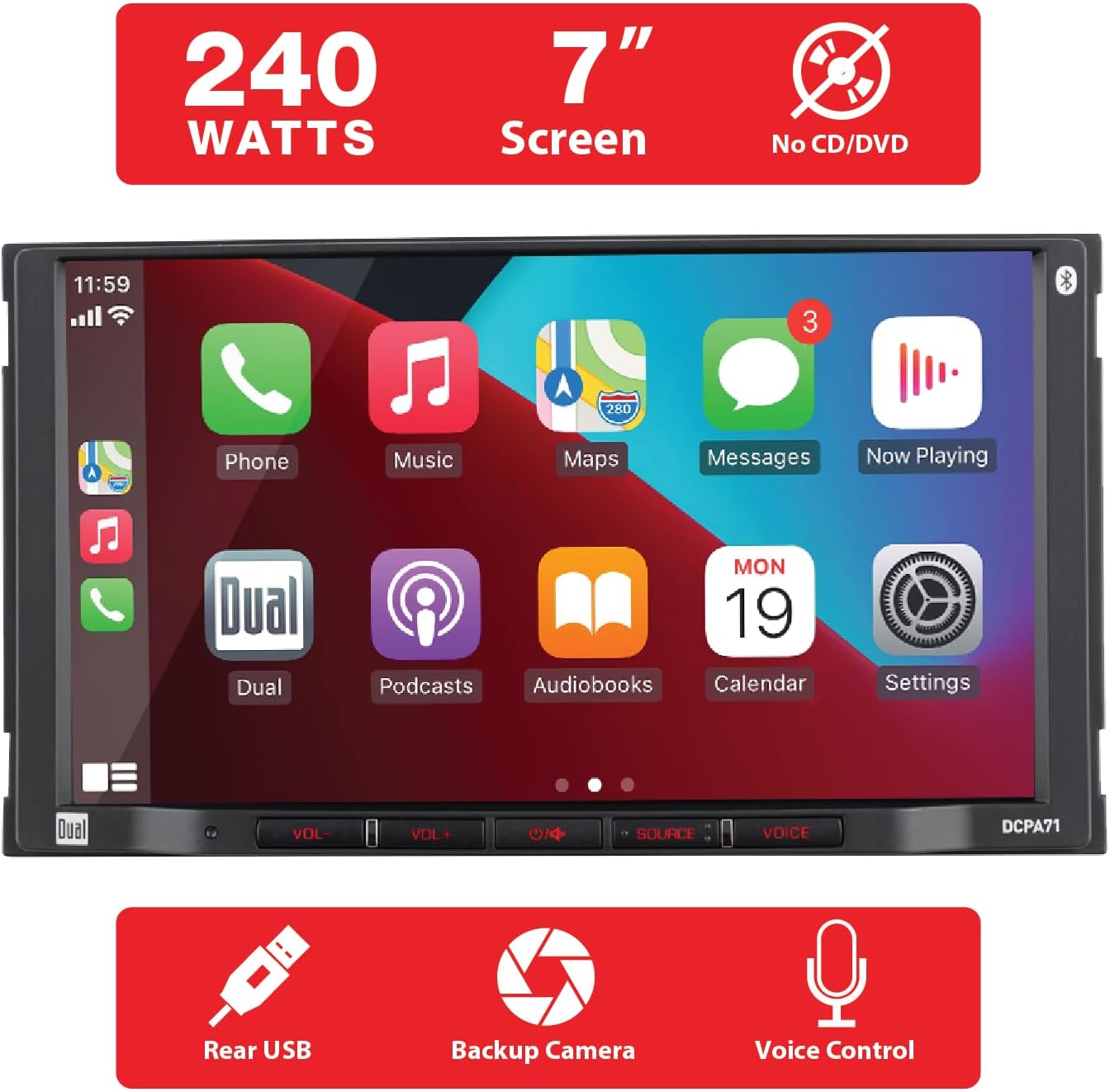 Dual Electronics DCPA71 7-inch Certified Apple Carplay Android Auto | Double DIN Touchscreen Car Stereo Radio | Bluetooth Hands Free Calling & Music Streaming | Backup Camera Input 7” Double Din Stereo
