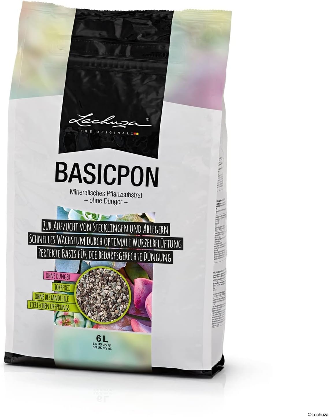 Lechuza 19551 Basic PON Mineral Plant Substrate Potting Mix for Indoor Gardening, 6 Liter Bag, Grey