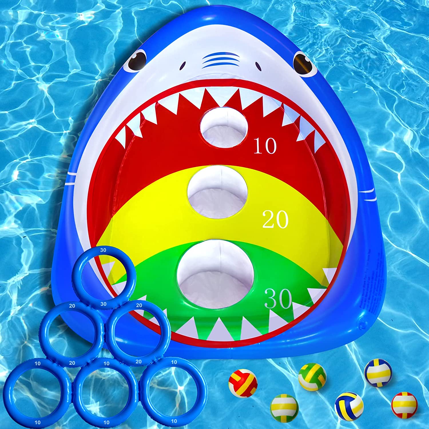 iNFUN iNJOY Pool Shark Ring Toss Games Toys Set, Summer Inflatable Shark Floating Swimming Pool Toys for Kids Adults Family for Pool Party Water Carnival Multicolored Blue