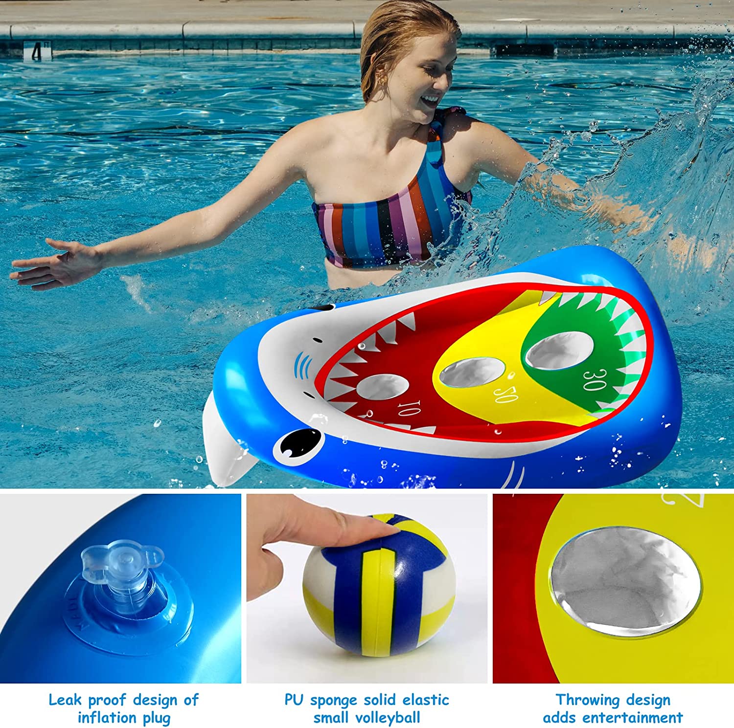 iNFUN iNJOY Pool Shark Ring Toss Games Toys Set, Summer Inflatable Shark Floating Swimming Pool Toys for Kids Adults Family for Pool Party Water Carnival Multicolored Blue