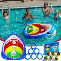 iNFUN iNJOY Pool Shark Ring Toss Games Toys Set, Summer Inflatable Shark Floating Swimming Pool Toys for Kids Adults Family for Pool Party Water Carnival Multicolored Blue