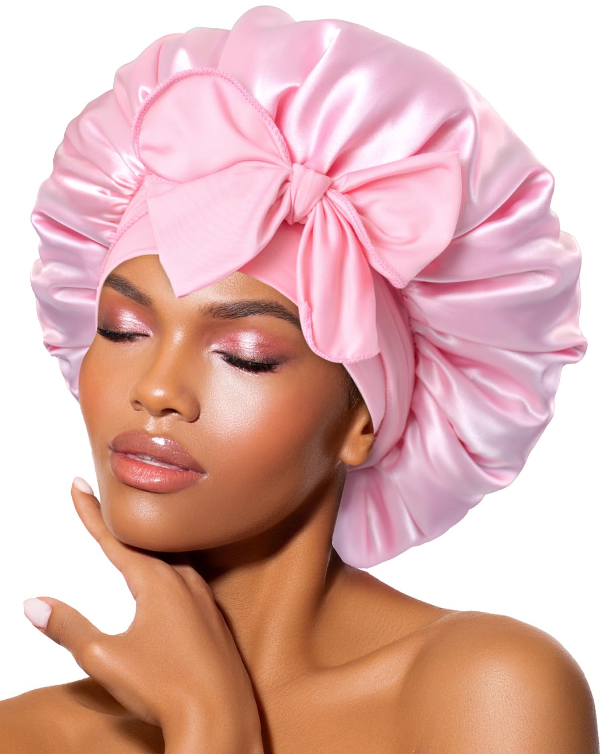 BONNET QUEEN Silk Bonnet for Sleeping Women Satin Bonnet Night Sleep Cap Wrap for Curly Hair with Adjustable Tie Band,Pink Medium Pink