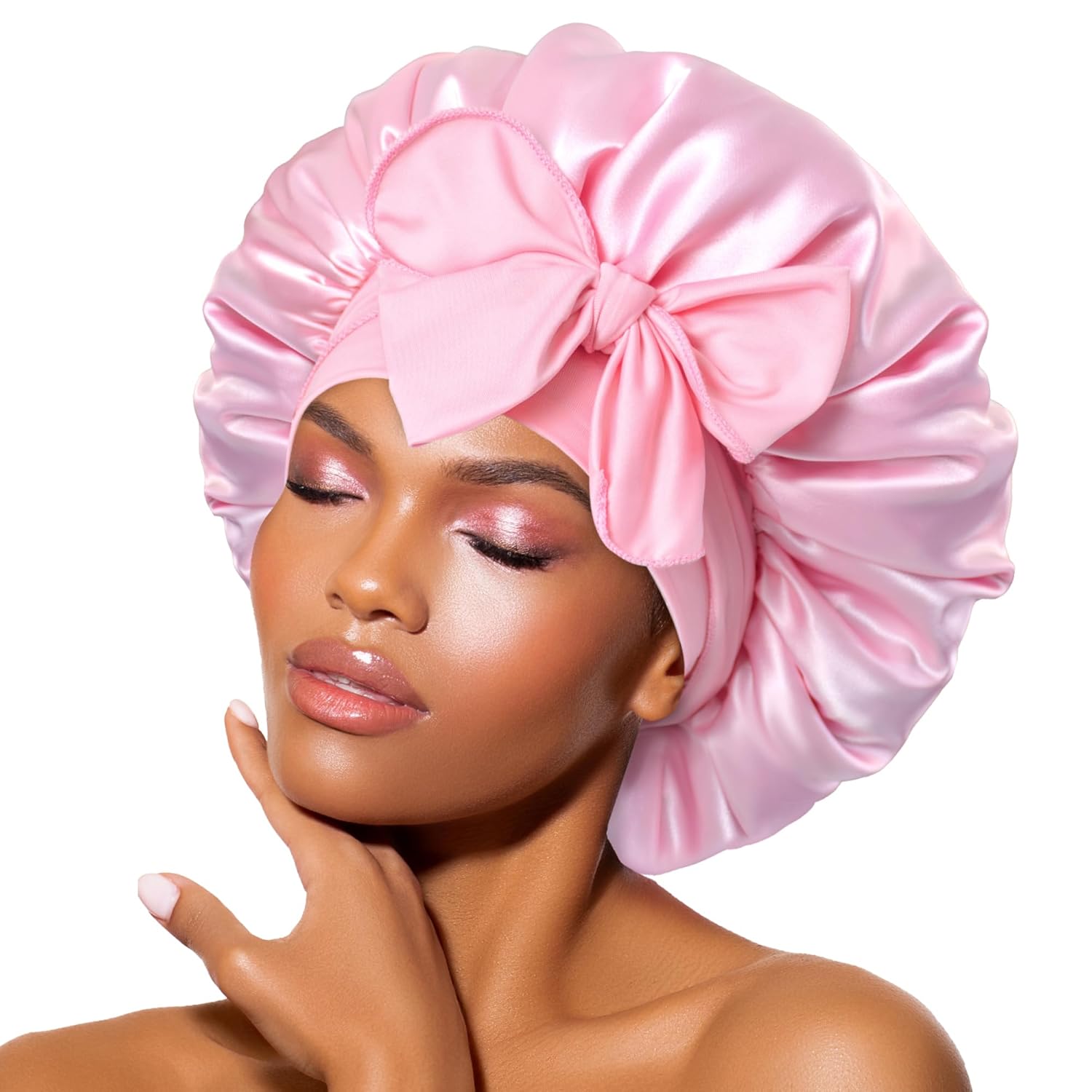 BONNET QUEEN Silk Bonnet for Sleeping Women Satin Bonnet Night Sleep Cap Wrap for Curly Hair with Adjustable Tie Band, Single Layer, Pink Medium Pink