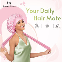BONNET QUEEN Silk Bonnet for Sleeping Women Satin Bonnet Night Sleep Cap Wrap for Curly Hair with Adjustable Tie Band, Single Layer, Pink Medium Pink