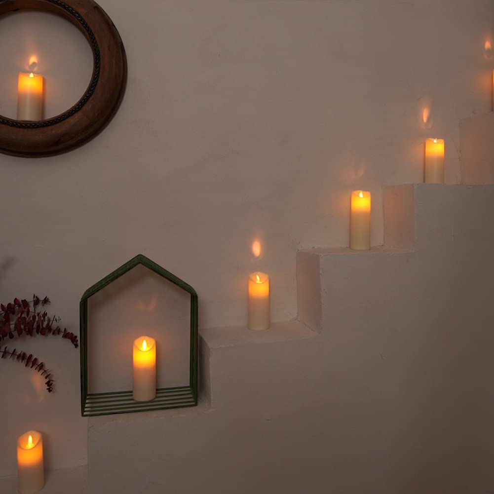 Amagic Flickering Flameless Candles, Moving Flame, Battery Operated LED Pillar Candles with Timer and Remote, Made of Wax-Like Frosted Plastic, Won't Melt, Ivory, Set of 8