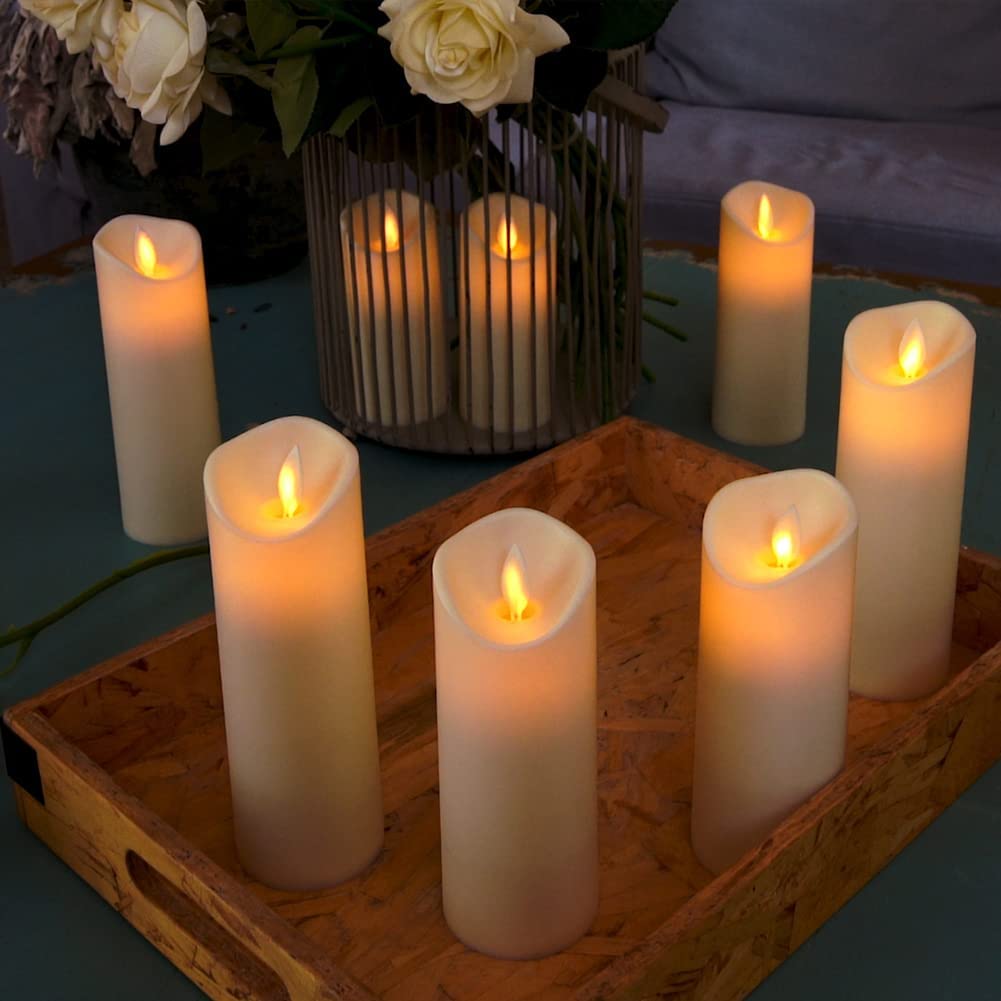 Amagic Flickering Flameless Candles, Moving Flame, Battery Operated LED Pillar Candles with Timer and Remote, Made of Wax-Like Frosted Plastic, Won't Melt, Ivory, Set of 8