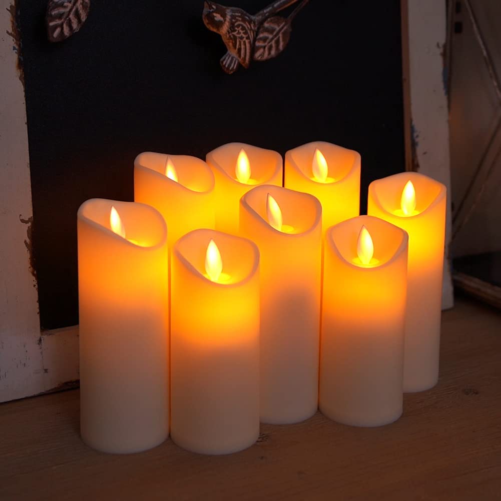 Amagic Flickering Flameless Candles, Moving Flame, Battery Operated LED Pillar Candles with Timer and Remote, Made of Wax-Like Frosted Plastic, Won't Melt, Ivory, Set of 8