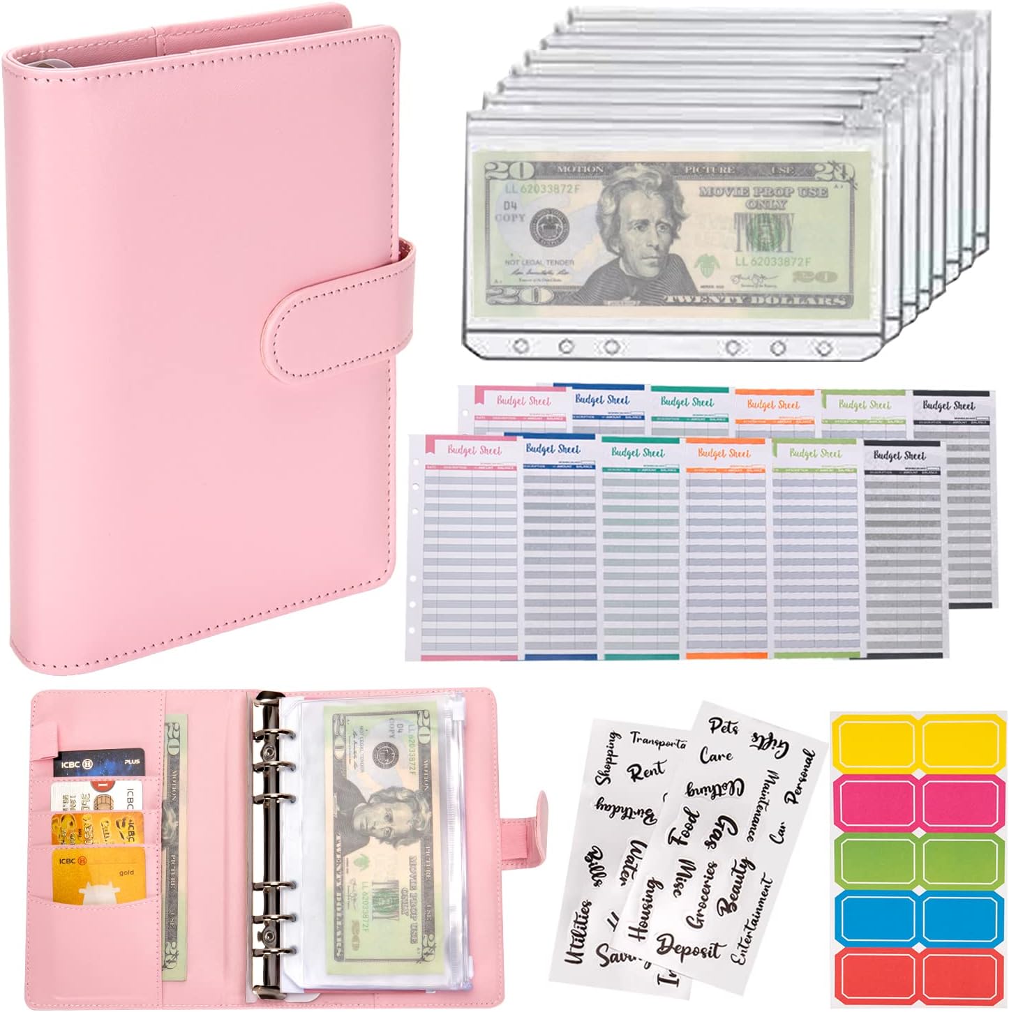 NICOOTHBudget Binder Cash Envelopes A6 Money Saving Binder with Zipper envelopes (Pink)