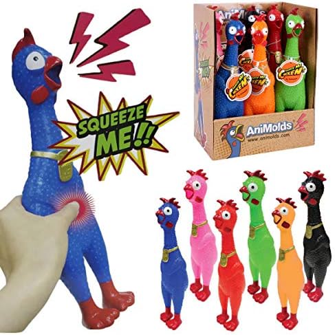 Animolds Squeeze Me Rubber Chicken Toy | Screaming Squeaky Chicken for Kids & Dogs | Novelty Prank Gag Gift (6 Pack Solid)
