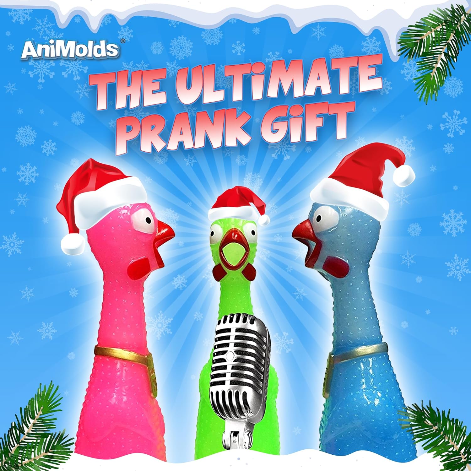 Animolds Squeeze Me Rubber Chicken Toy | Screaming Squeaky Chicken for Kids & Dogs | Novelty Prank Gag Gift (6 Pack Solid)