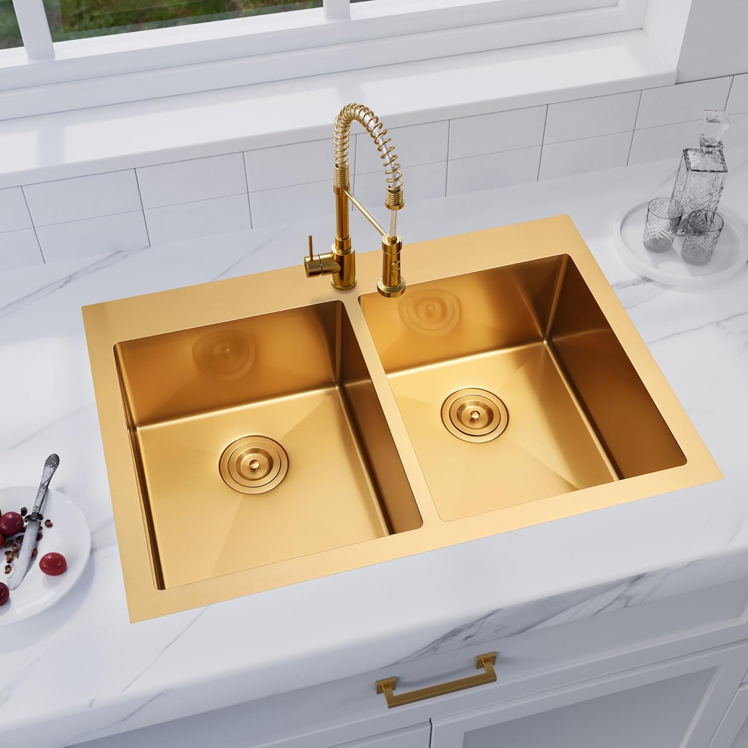 Zeesink Double Bowl Kitchen Sink,Drop in Kitchen Sink 33 X 22 inch,Gold Kitchen Sink,Top Mount Kitchen Sink,16 Gauge Stainless Steel Kitchen Sinks Drop In 33