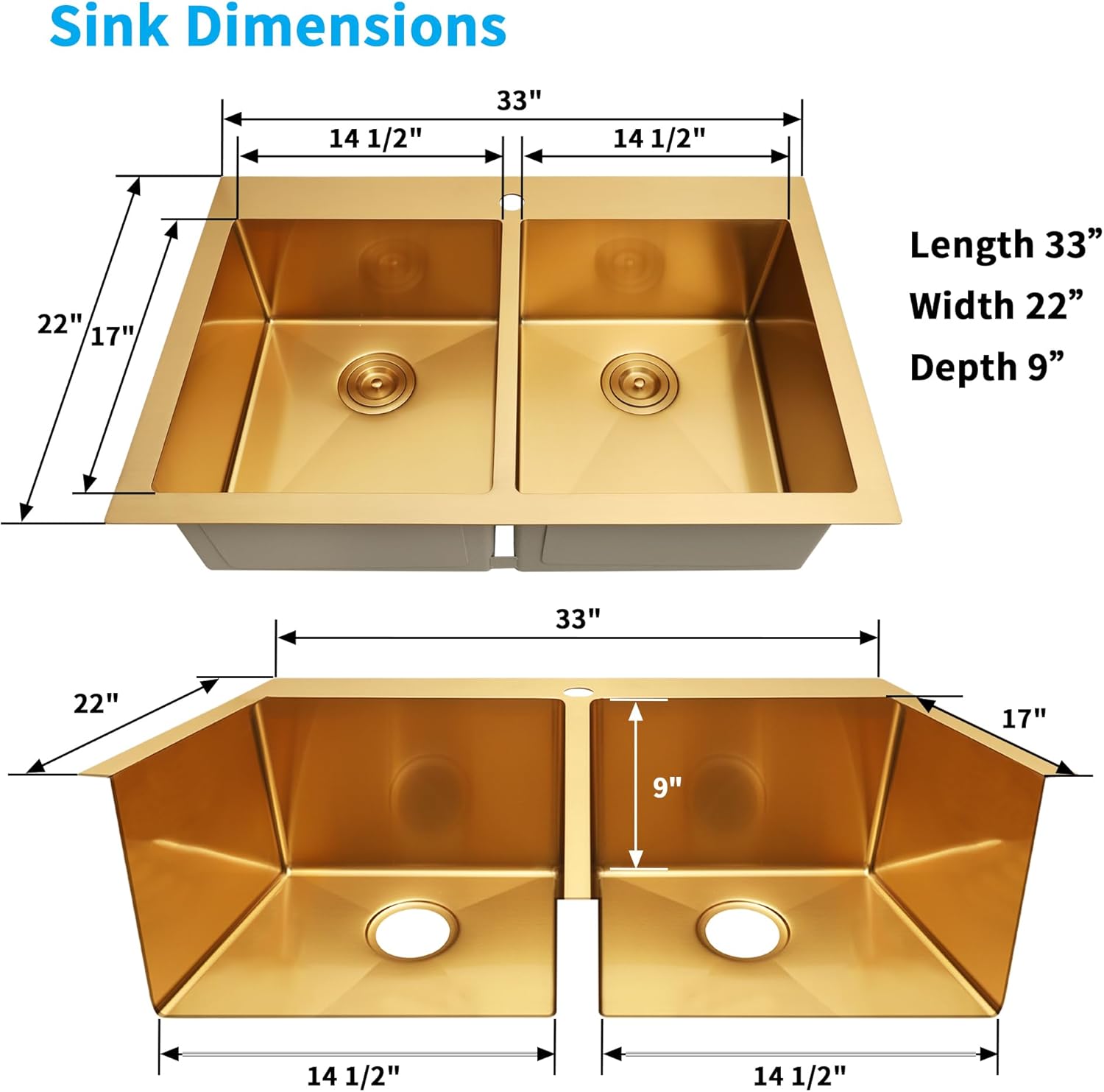 Zeesink Double Bowl Kitchen Sink,Drop in Kitchen Sink 33 X 22 inch,Gold Kitchen Sink,Top Mount Kitchen Sink,16 Gauge Stainless Steel Kitchen Sinks Drop In 33