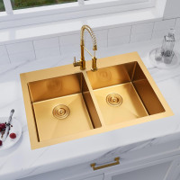 Zeesink Double Bowl Kitchen Sink,Drop in Kitchen Sink 33 X 22 inch,Gold Kitchen Sink,Top Mount Kitchen Sink,16 Gauge Stainless Steel Kitchen Sinks Drop In 33