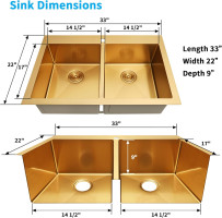 Zeesink Double Bowl Kitchen Sink,Drop in Kitchen Sink 33 X 22 inch,Gold Kitchen Sink,Top Mount Kitchen Sink,16 Gauge Stainless Steel Kitchen Sinks Drop In 33