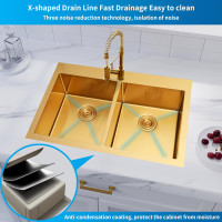 Zeesink Double Bowl Kitchen Sink,Drop in Kitchen Sink 33 X 22 inch,Gold Kitchen Sink,Top Mount Kitchen Sink,16 Gauge Stainless Steel Kitchen Sinks Drop In 33