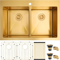 Zeesink Double Bowl Kitchen Sink,Drop in Kitchen Sink 33 X 22 inch,Gold Kitchen Sink,Top Mount Kitchen Sink,16 Gauge Stainless Steel Kitchen Sinks Drop In 33