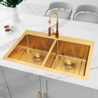 Zeesink Double Bowl Kitchen Sink,Drop in Kitchen Sink 33 X 22 inch,Gold Kitchen Sink,Top Mount Kitchen Sink,16 Gauge Stainless Steel Kitchen Sinks Drop In 33