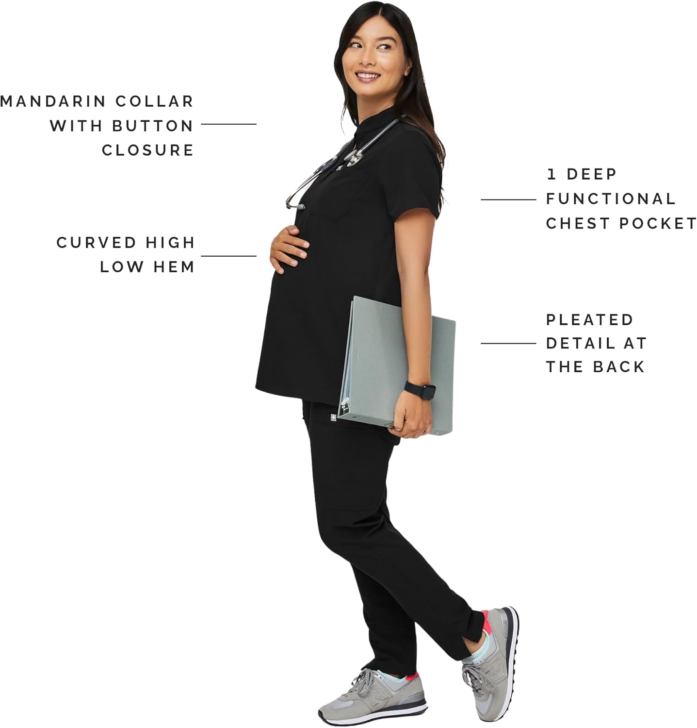 FIGS Kitale Maternity Scrub Top for Women — Mandarin Collar, One Pocket, Curved High-Low Hem, 4-Way Stretch Women's Scrub Top