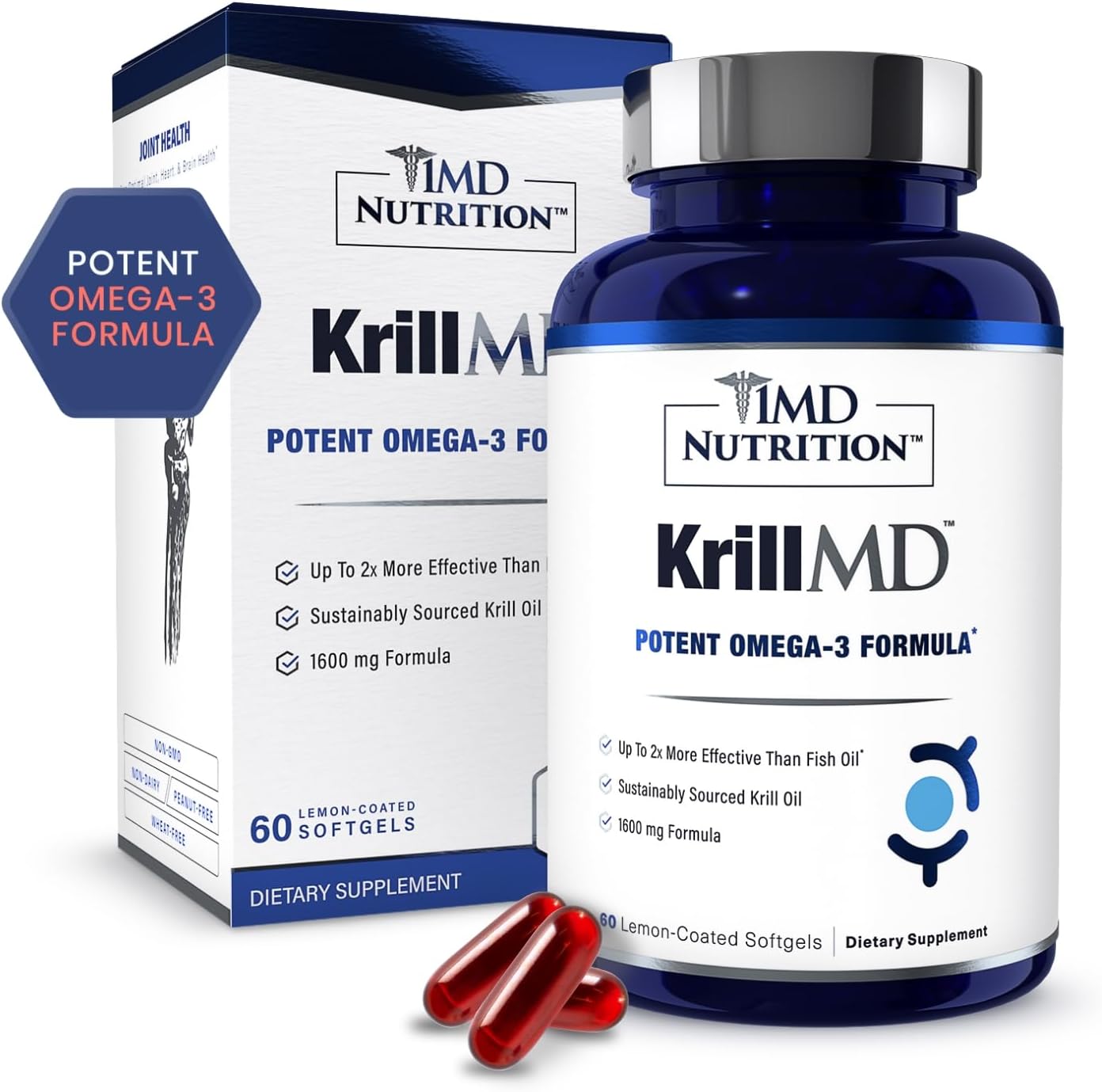 1MD Nutrition KrillMD - Antarctic Krill Oil Omega 3 Supplement with Astaxanthin, EPA, DHA | 2X More Effective Than Fish Oil | 60 Softgels 60 Count (Pack of 1)