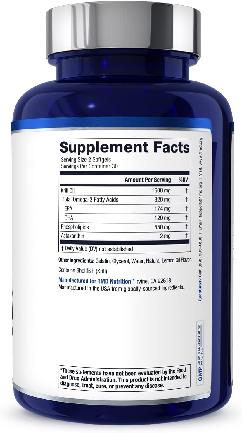 1MD Nutrition KrillMD - Antarctic Krill Oil Omega 3 Supplement with Astaxanthin, EPA, DHA | 2X More Effective Than Fish Oil | 60 Softgels 60 Count (Pack of 1)