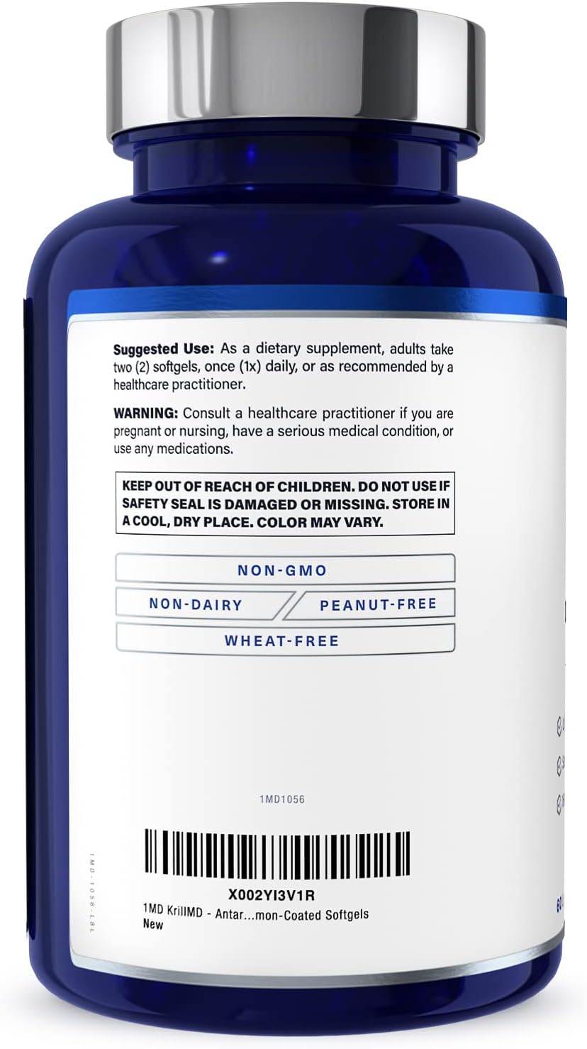 1MD Nutrition KrillMD - Antarctic Krill Oil Omega 3 Supplement with Astaxanthin, EPA, DHA | 2X More Effective Than Fish Oil | 60 Softgels 60 Count (Pack of 1)