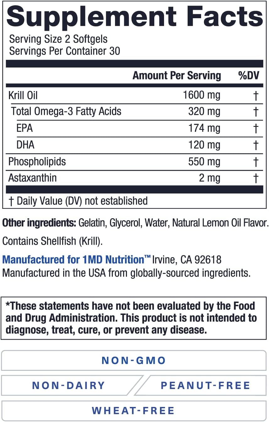 1MD Nutrition KrillMD - Antarctic Krill Oil Omega 3 Supplement with Astaxanthin, EPA, DHA | 2X More Effective Than Fish Oil | 60 Softgels 60 Count (Pack of 1)