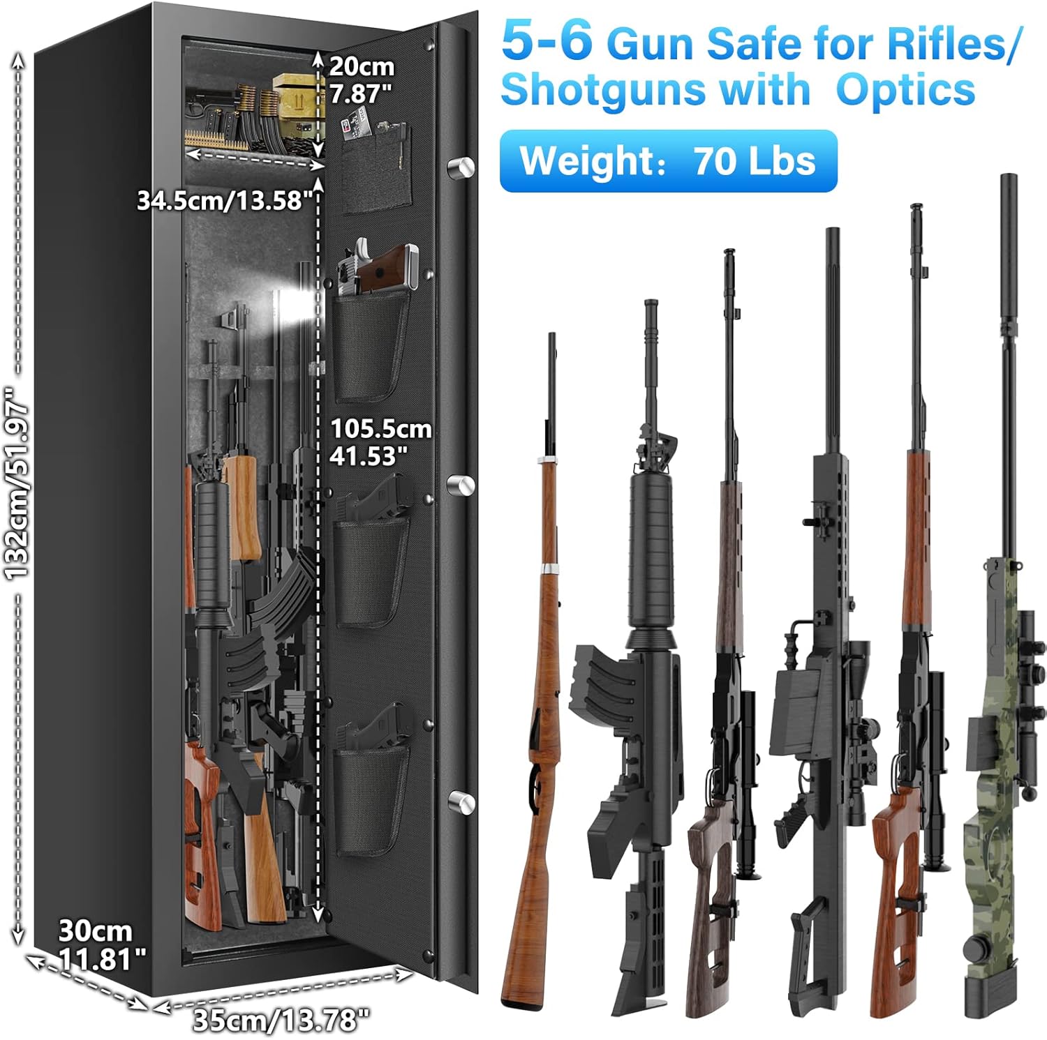 Biometric Fireproof Rifle Gun Safe, 77LB Heavy Duty Gun Safes for Home Rifle and Pistols, Quick Access Anti-Theft Gun Cabinet with 3 Handgun Pocket, LED Light, Removable Shelf