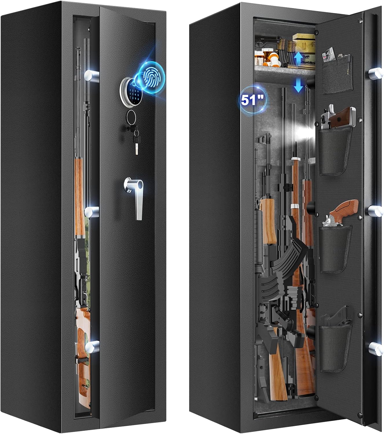 Biometric Fireproof Rifle Gun Safe, 77LB Heavy Duty Gun Safes for Home Rifle and Pistols, Quick Access Anti-Theft Gun Cabinet with 3 Handgun Pocket, LED Light, Removable Shelf