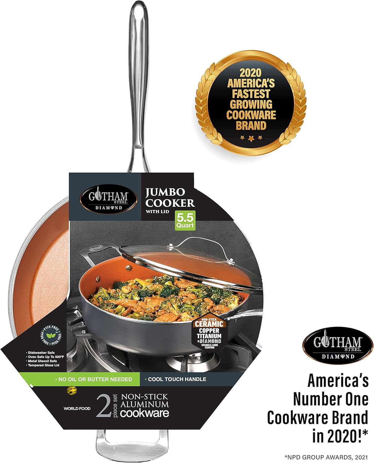 Gotham Steel Nonstick Deep Saute Pan with Lid – 5.5 Quart Large Ceramic Jumbo Cooker 12 Inch Frying Pan with Lid, Stay Cool Handle + Helper Handle, Oven & Dishwasher Safe, 100% PFOA Free