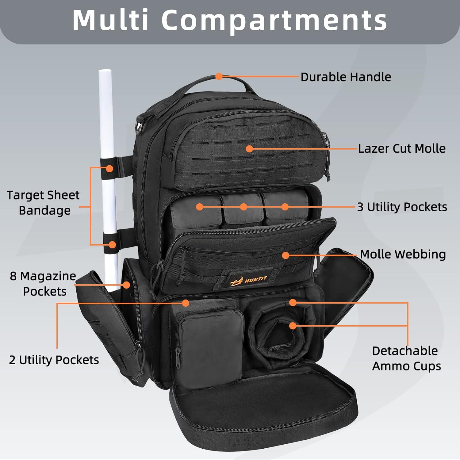 HUNTIT Tactical Range Backpack for Handguns and Ammo with 5 Pistol Cases Gun Backpack Shooting Backpack Pistol Range Bag with Waterproof Rain Cover(Black)