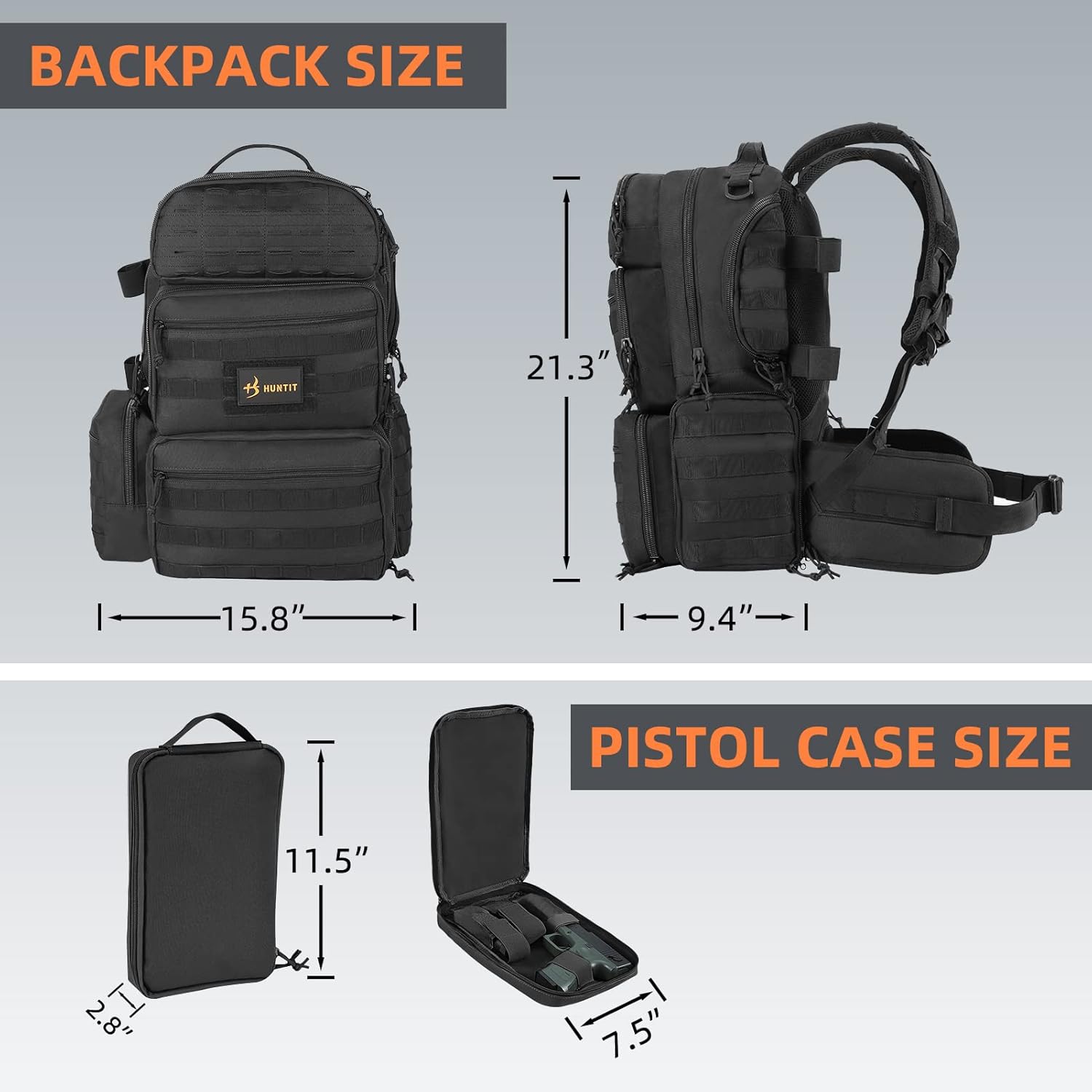HUNTIT Tactical Range Backpack for Handguns and Ammo with 5 Pistol Cases Gun Backpack Shooting Backpack Pistol Range Bag with Waterproof Rain Cover(Black)