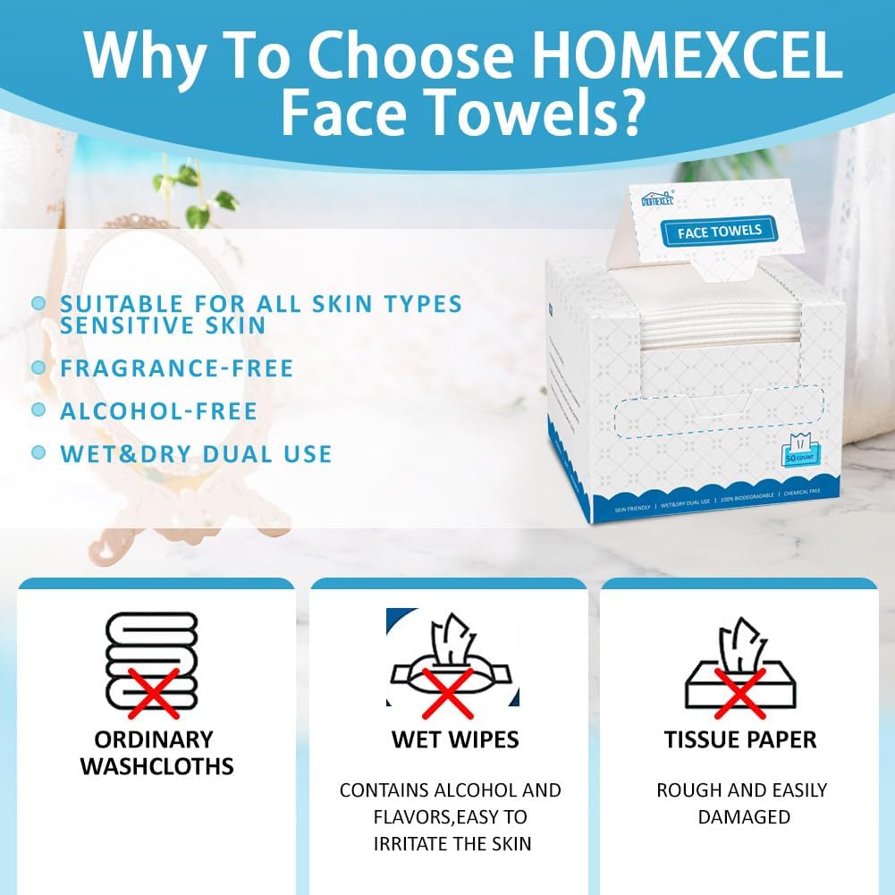 HOMEXCEL Face Towels, 200 Count (4 Box) Disposable Face Towelettes, Biodegradable Makeup Remover Dry Wipes, Super Soft Clean Facial Towels Wash Cloth for Sensitive Skin 7.88x7.88 Inch (Pack of 50, 4 Box)